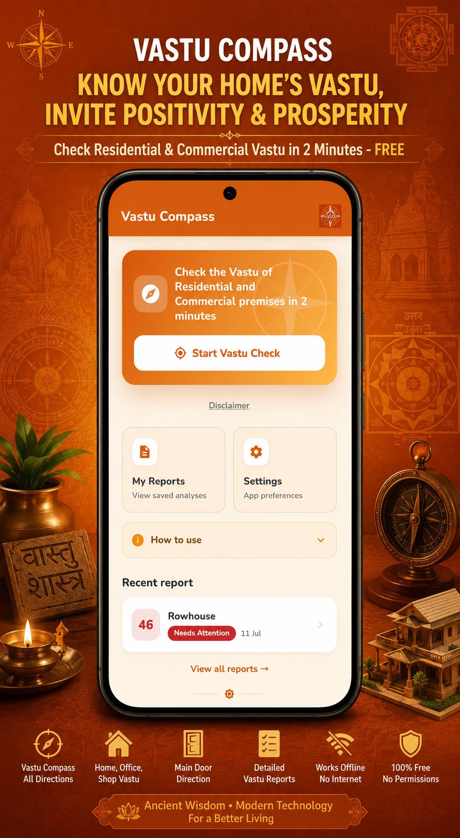 Vastu Compass home screen â€” start a Vastu check in two minutes
